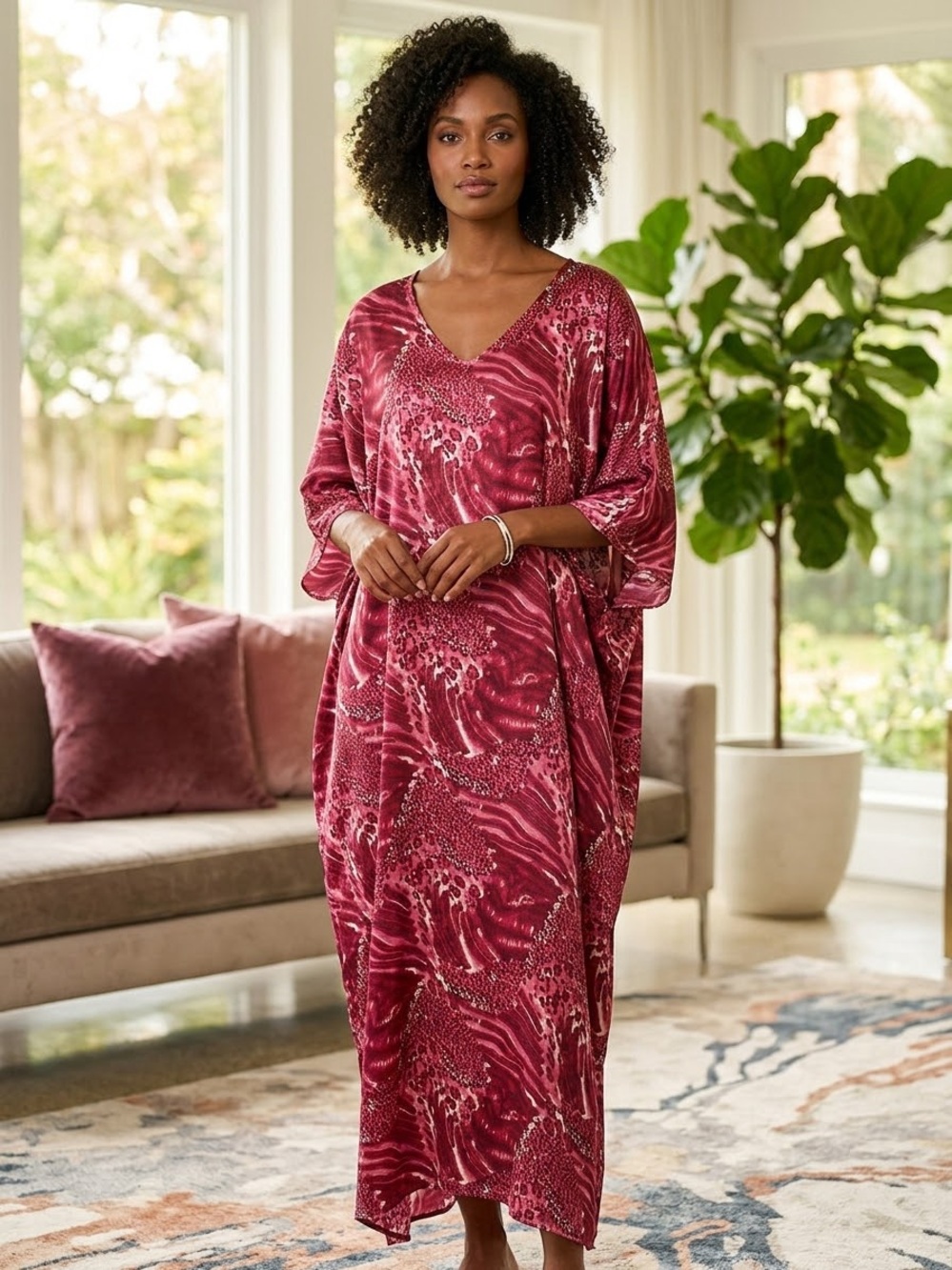 Ashro Wine-Red Printed Caftan Dress
